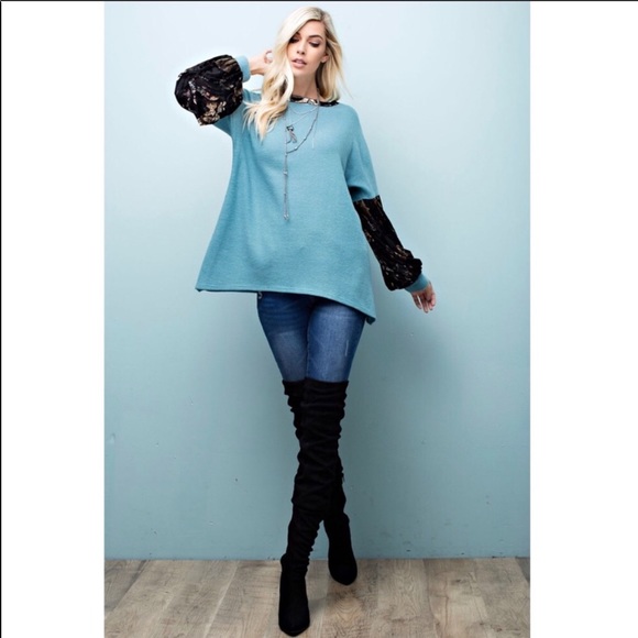 ❤️Brushed Knit Velvet Detail Lantern Sleeve Tunic! - Picture 3 of 5